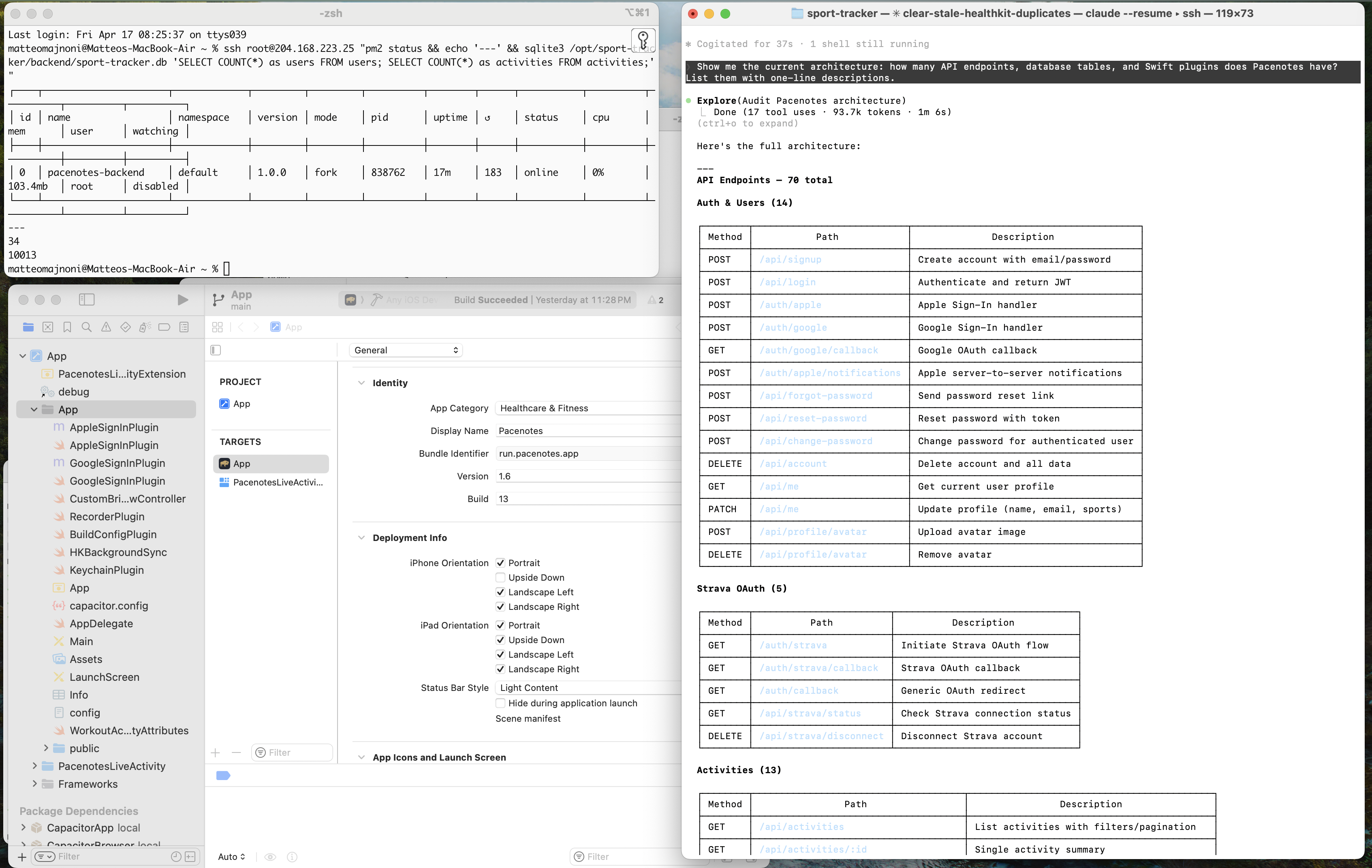 The setup: Claude Code, Xcode, and the terminal running side by side.