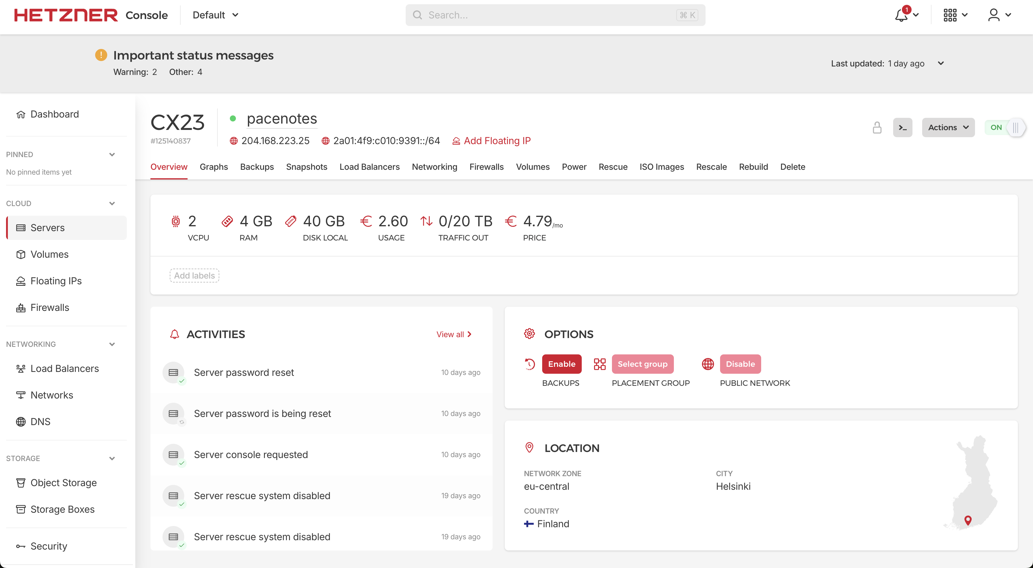 The Hetzner Cloud dashboard: one server in Helsinki, €4.79/month, running the entire app.